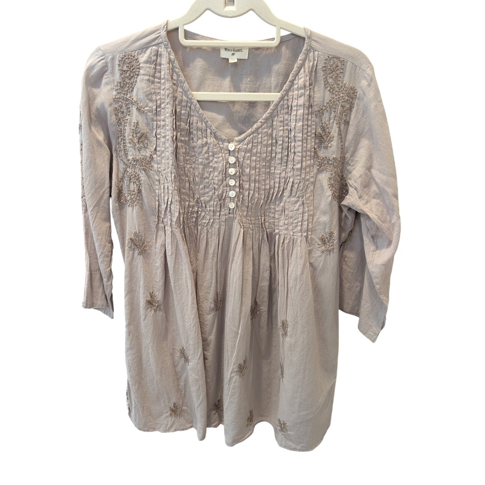 World Market Tunic Top Boho Embroidered Pintuck Cotton Taupe Grey Womens S/M